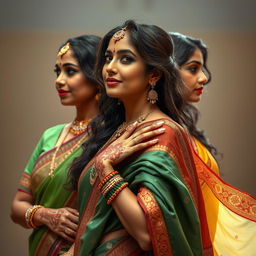 Artistic depiction of Indian women celebrated for their beauty and confidence, adorned in traditional Indian attire that accentuates their elegance