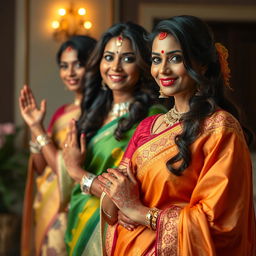 Artistic depiction of Indian women celebrated for their beauty and confidence, adorned in traditional Indian attire that accentuates their elegance