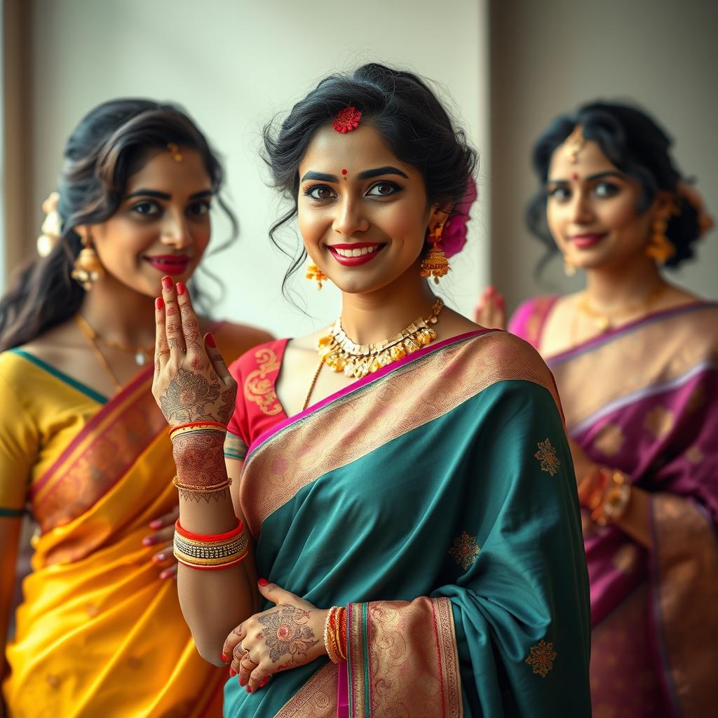 Artistic depiction of Indian women celebrated for their beauty and confidence, adorned in traditional Indian attire that accentuates their elegance