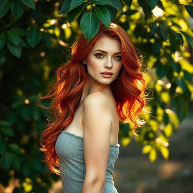 A beautiful red-haired woman standing in a serene, natural setting with cascading waves of fiery red hair and a confident, graceful pose, accentuated by the soft glow of golden sunlight filtering through lush green leaves, casting gentle shadows and highlights on her skin