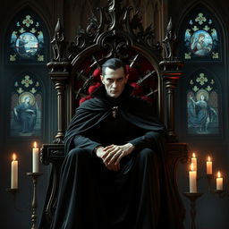 A majestic vampire sitting on an opulent gothic throne, dressed in a regal, dark velvet cloak