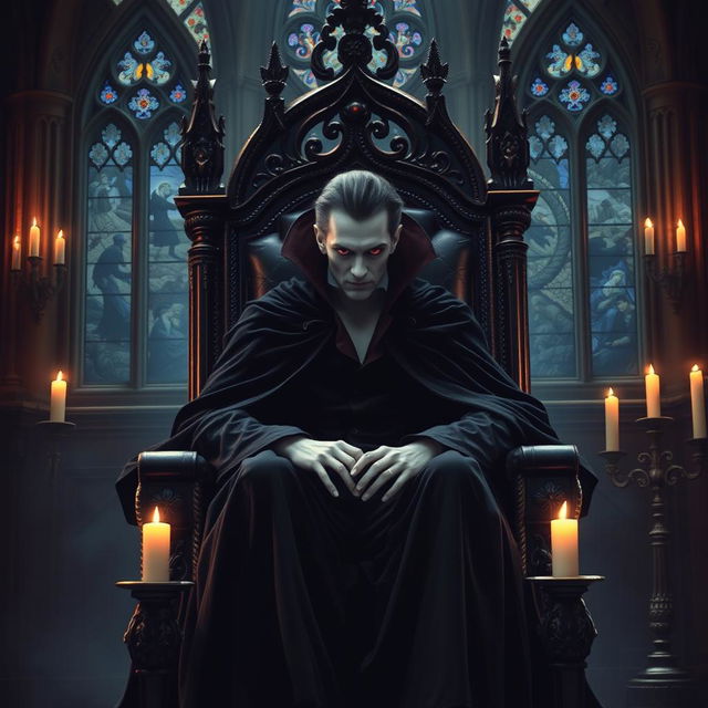 A majestic vampire sitting on an opulent gothic throne, dressed in a regal, dark velvet cloak