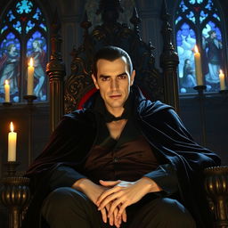 A majestic vampire sitting on an opulent gothic throne, dressed in a regal, dark velvet cloak