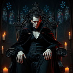 A majestic vampire sitting on an opulent gothic throne, dressed in a regal, dark velvet cloak