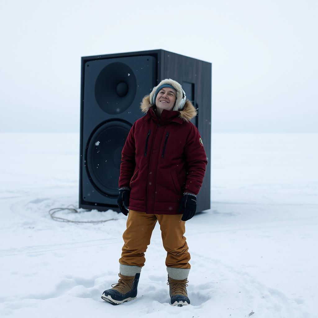 A person wearing winter clothing standing on a snowy landscape, immersed in listening to Eskimo music