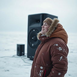 A person wearing winter clothing standing on a snowy landscape, immersed in listening to Eskimo music