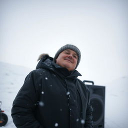 A person wearing winter clothing standing on a snowy landscape, immersed in listening to Eskimo music