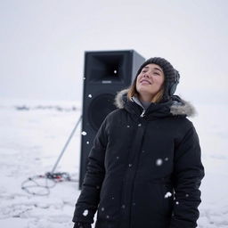 A person wearing winter clothing standing on a snowy landscape, immersed in listening to Eskimo music