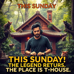 A captivating poster featuring a DJ with headphones standing confidently in front of a charming tea house located in a lush, forested setting