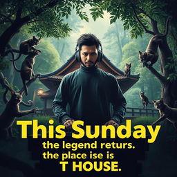 A captivating poster featuring a DJ with headphones standing confidently in front of a charming tea house located in a lush, forested setting