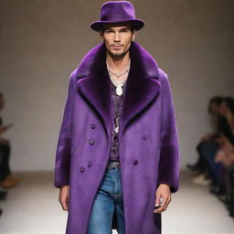 Handsome male model in slim-fit jeans, a purple vision mink coat, adorned with exquisite jewelry and stylish hats, confidently parading on the runway.