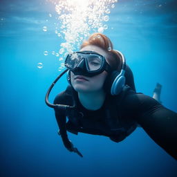 An underwater diver, equipped with modern diving gear, is immersed in the serene blue depths of the ocean