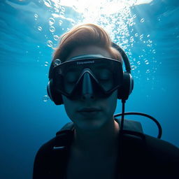 An underwater diver, equipped with modern diving gear, is immersed in the serene blue depths of the ocean