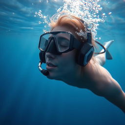 An underwater diver, equipped with modern diving gear, is immersed in the serene blue depths of the ocean