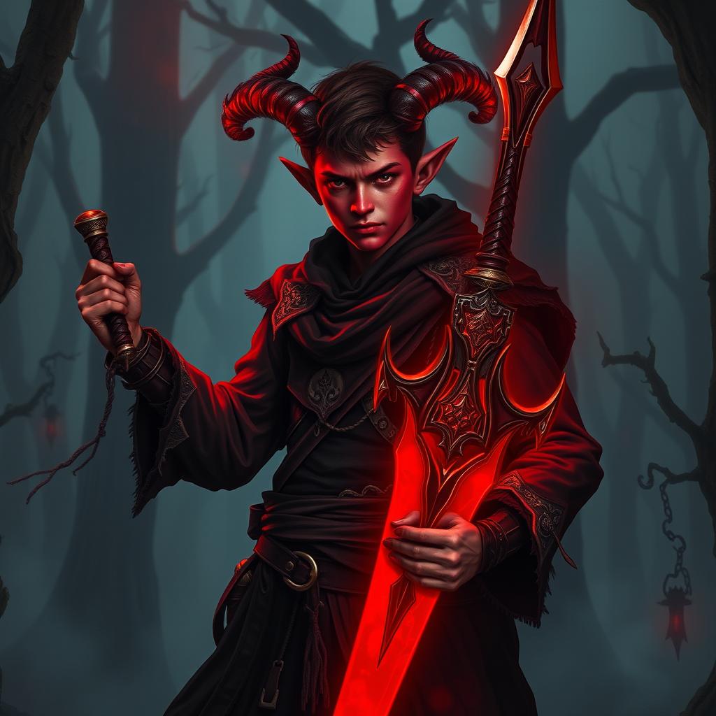 A 20-year-old young tiefling confidently holding a cursed red sword