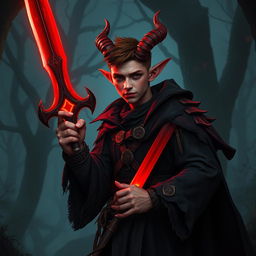 A 20-year-old young tiefling confidently holding a cursed red sword