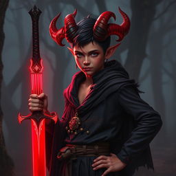 A 20-year-old young tiefling confidently holding a cursed red sword