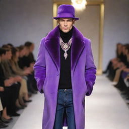 Handsome male model in slim-fit jeans, a purple vision mink coat, adorned with exquisite jewelry and stylish hats, confidently parading on the runway.