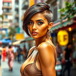 A sexy Indian woman with a short blavous haircut, exuding confidence and allure