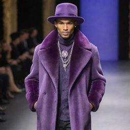 Handsome male model in slim-fit jeans, a purple vision mink coat, adorned with exquisite jewelry and stylish hats, confidently parading on the runway.