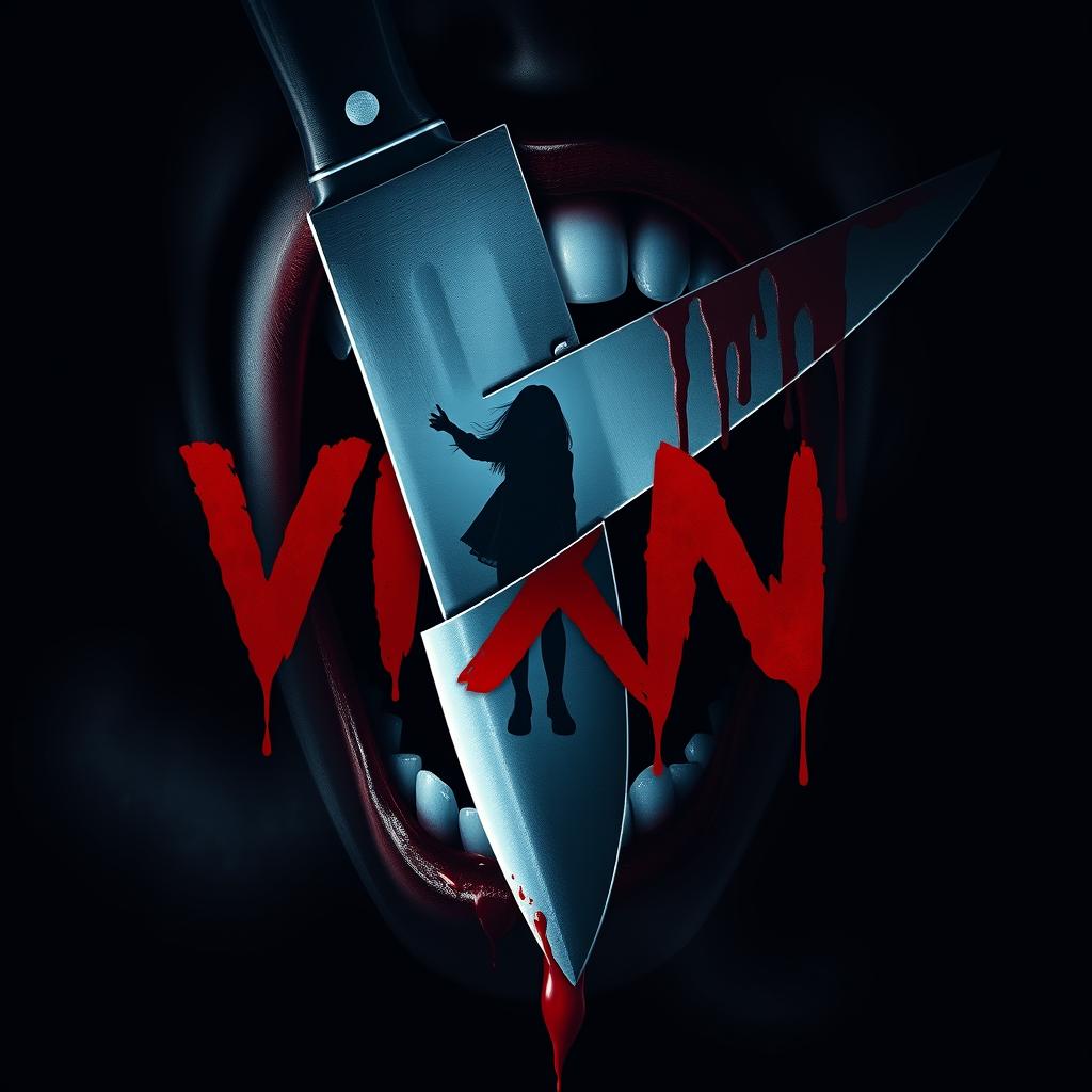 Design a movie poster for the slasher film "VIXN" featuring a central image of a screaming mouth