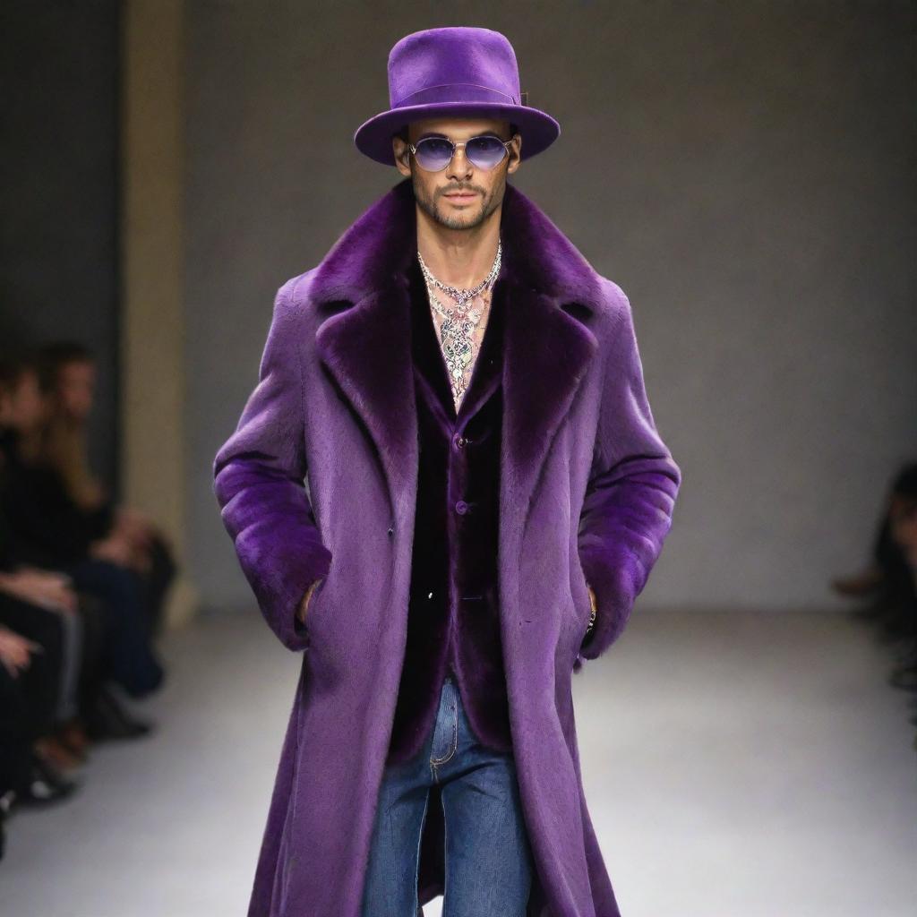 Handsome male model in slim-fit jeans, a purple vision mink coat, adorned with exquisite jewelry and stylish hats, confidently parading on the runway.