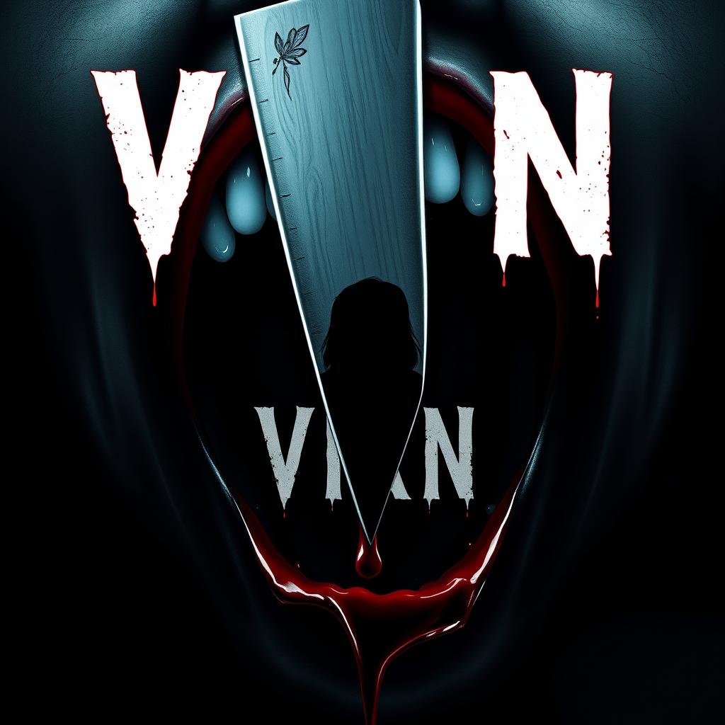 Design a movie poster for the slasher film "VIXN" featuring a central image of a screaming mouth