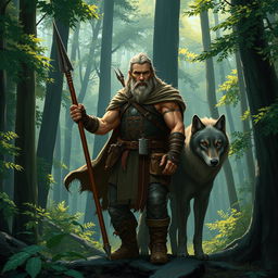 A rugged human ranger standing confidently amidst a lush forest setting, brandishing a sharp spear