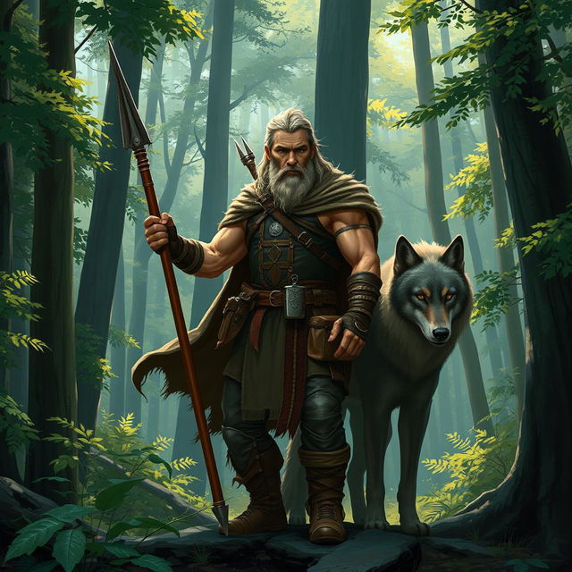 A rugged human ranger standing confidently amidst a lush forest setting, brandishing a sharp spear