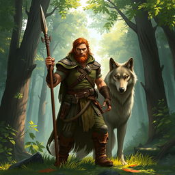 A rugged human ranger standing confidently amidst a lush forest setting, brandishing a sharp spear