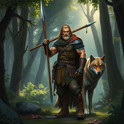 A rugged human ranger standing confidently amidst a lush forest setting, brandishing a sharp spear