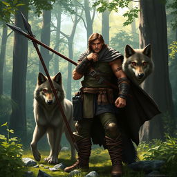 A rugged human ranger standing confidently amidst a lush forest setting, brandishing a sharp spear