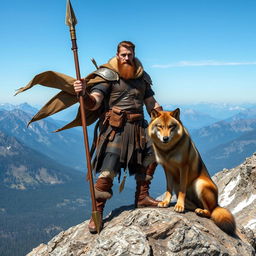 A strong and determined human ranger standing on a mountain peak, holding a finely-crafted spear