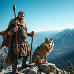 A strong and determined human ranger standing on a mountain peak, holding a finely-crafted spear