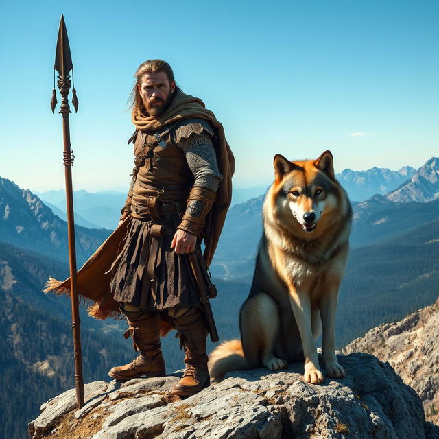 A strong and determined human ranger standing on a mountain peak, holding a finely-crafted spear