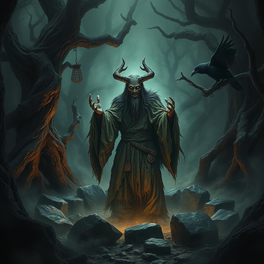 A dark and mystical scene featuring an evil druid immersed in a sinister ritual