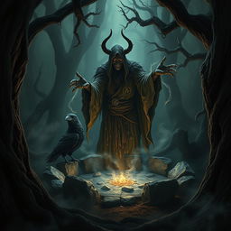 A dark and mystical scene featuring an evil druid immersed in a sinister ritual