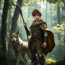 A youthful human ranger standing confidently in a dense forest, holding a spear with a sense of adventure and determination