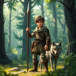 A youthful human ranger standing confidently in a dense forest, holding a spear with a sense of adventure and determination