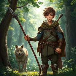 A youthful human ranger standing confidently in a dense forest, holding a spear with a sense of adventure and determination