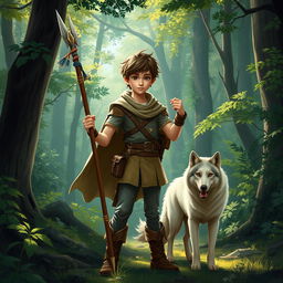 A youthful human ranger standing confidently in a dense forest, holding a spear with a sense of adventure and determination