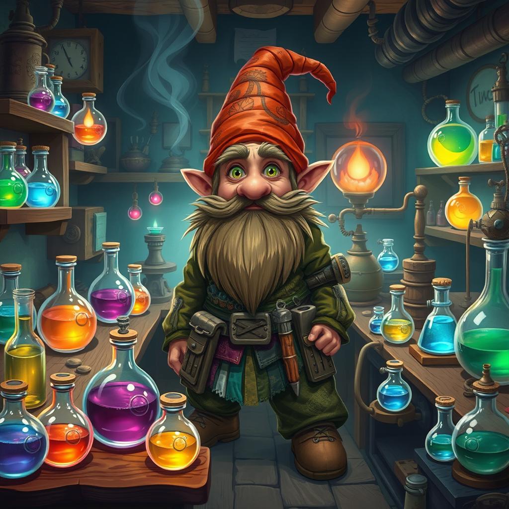 A lively gnome artificer surrounded by an array of colorful potions in a whimsical laboratory