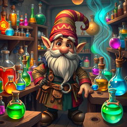 A lively gnome artificer surrounded by an array of colorful potions in a whimsical laboratory