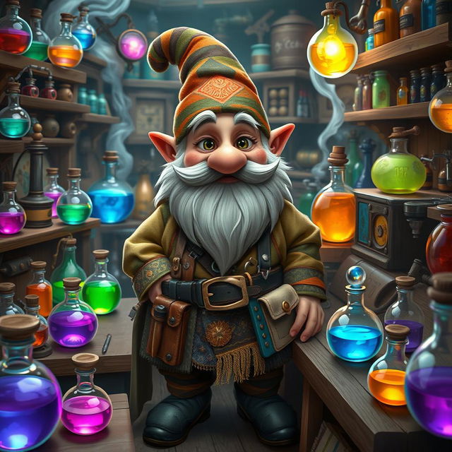 A lively gnome artificer surrounded by an array of colorful potions in a whimsical laboratory