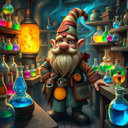 A lively gnome artificer surrounded by an array of colorful potions in a whimsical laboratory