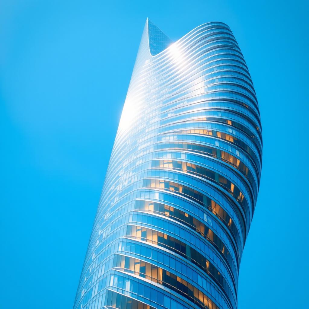 A stunning skyscraper with a spiral facade made of reflective glass panels, towering majestically against a clear blue sky