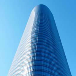 A stunning skyscraper with a spiral facade made of reflective glass panels, towering majestically against a clear blue sky