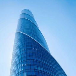 A stunning skyscraper with a spiral facade made of reflective glass panels, towering majestically against a clear blue sky