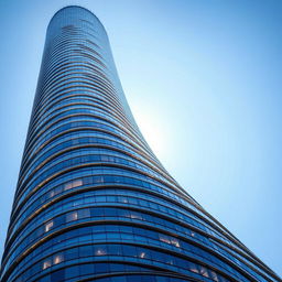 A stunning skyscraper with a spiral facade made of reflective glass panels, towering majestically against a clear blue sky