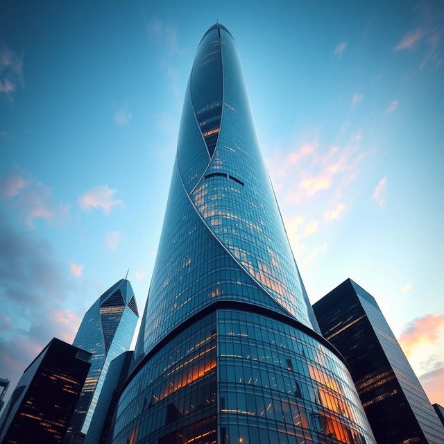 A towering skyscraper with a curved, organic design, its glass facade beautifully reflecting the vibrant colors of the city skyline